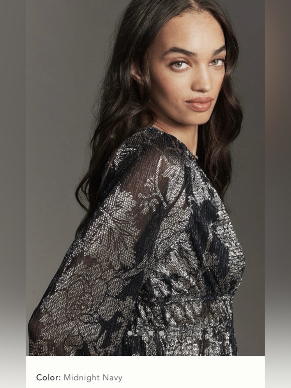 Anthropologie Black Navy and Silver Metallic Floral V-Neck Peplum Blouse - Picture 3 of 17